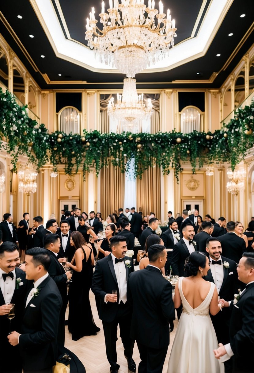 A grand ballroom adorned with black and gold decor, guests in formal black tie attire mingling and celebrating at a black and gold themed wedding