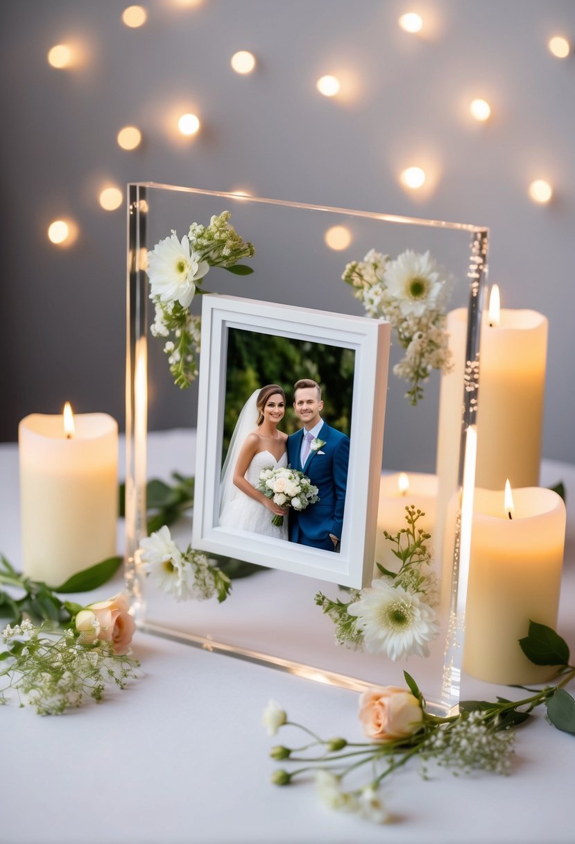 A floating acrylic photo frame with a wedding photo inside, surrounded by delicate flowers and soft candlelight