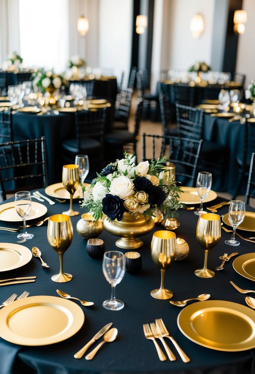 A table set with metallic gold and black centerpieces, creating an elegant and luxurious atmosphere for a black and gold themed wedding