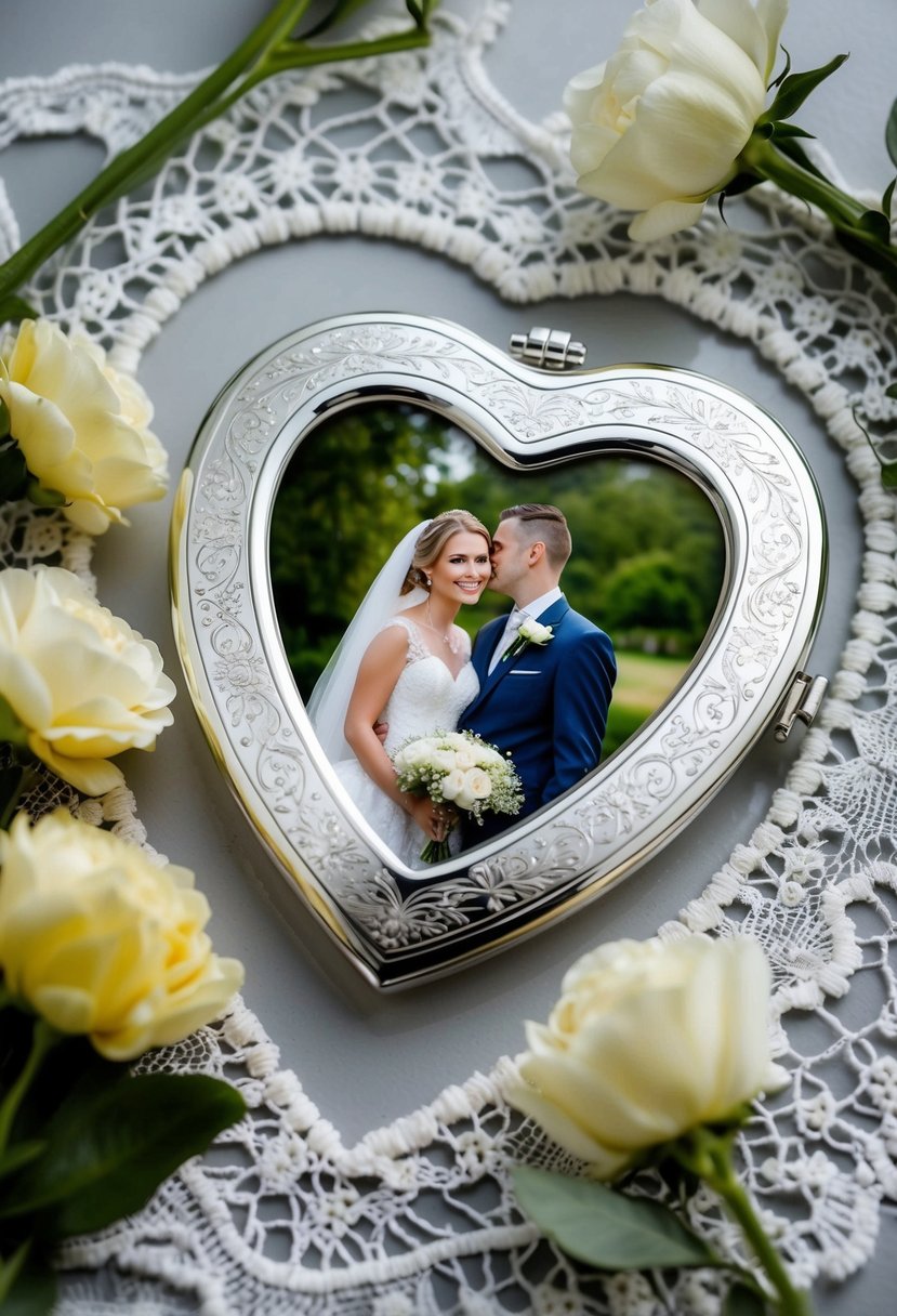 A silver-plated heart engraved frame holding a wedding photo, surrounded by delicate lace and fresh flowers