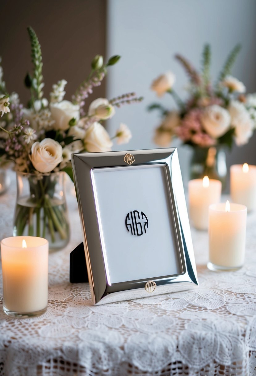 A sleek, silver photo frame with elegant monogrammed initials sits on a white lace tablecloth, surrounded by soft candlelight and delicate floral arrangements