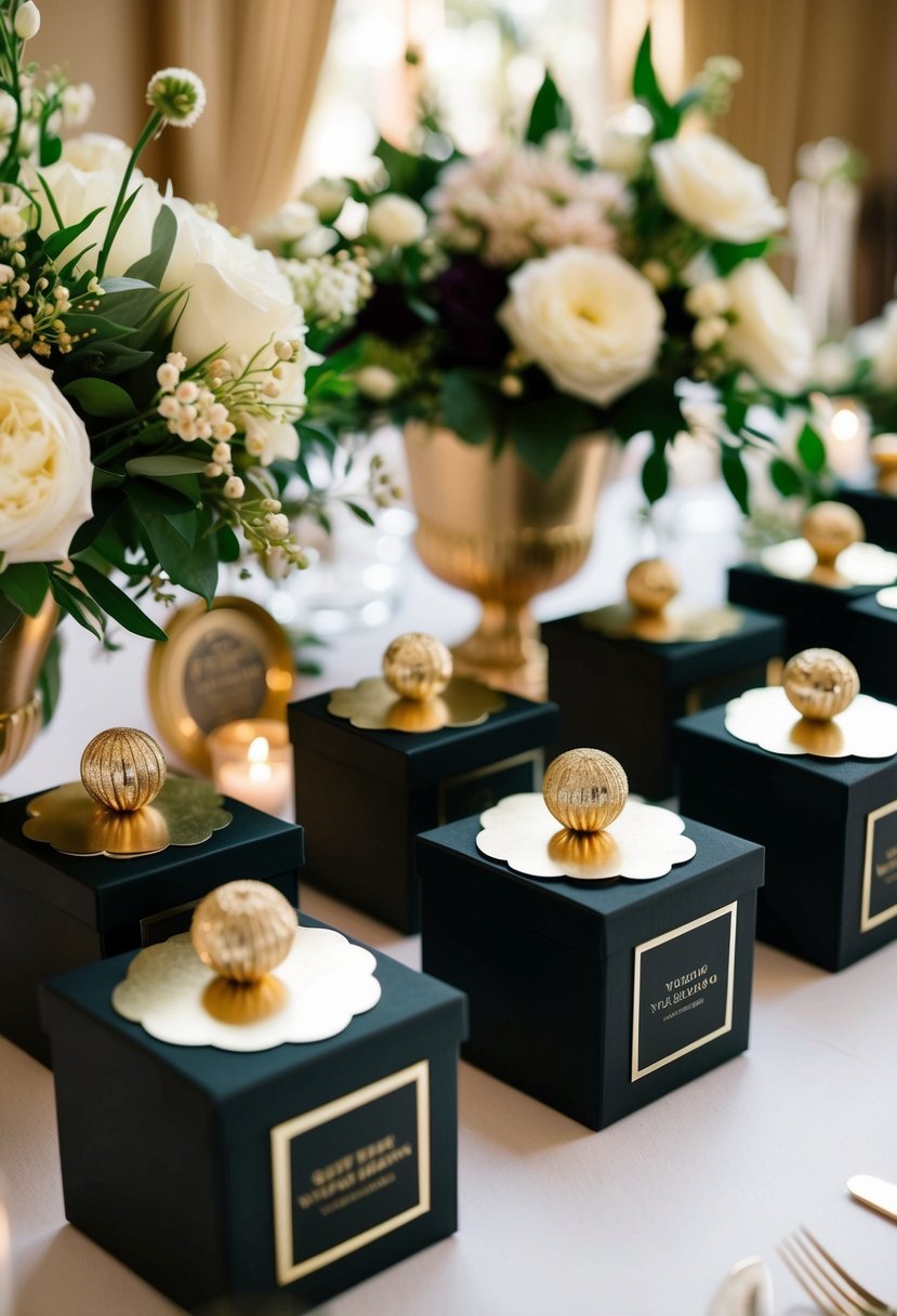 A table adorned with black and gold wedding favor boxes, surrounded by elegant decor and floral arrangements