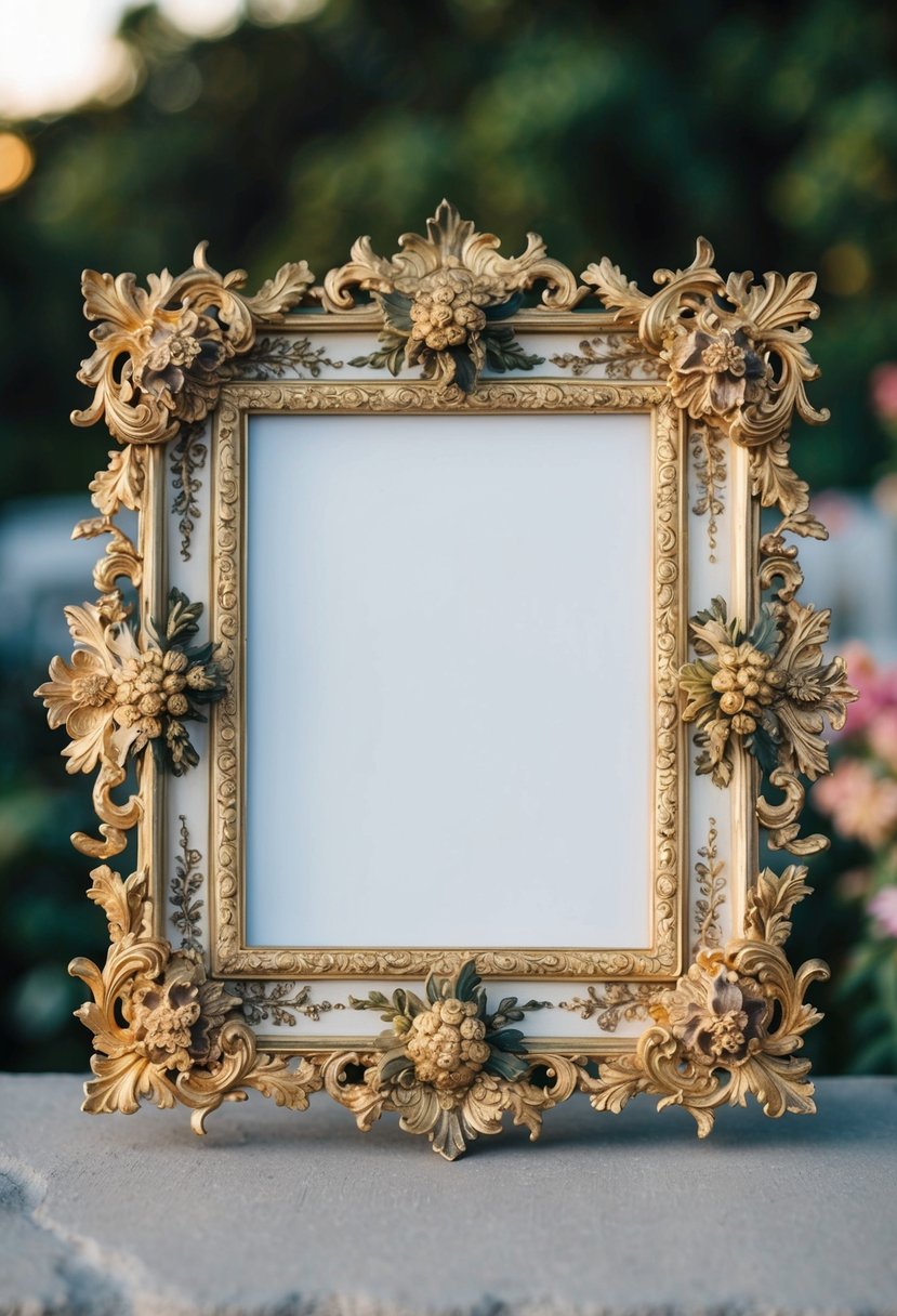 An ornate Baroque frame adorned with intricate floral patterns and delicate detailing, creating a vintage and romantic atmosphere