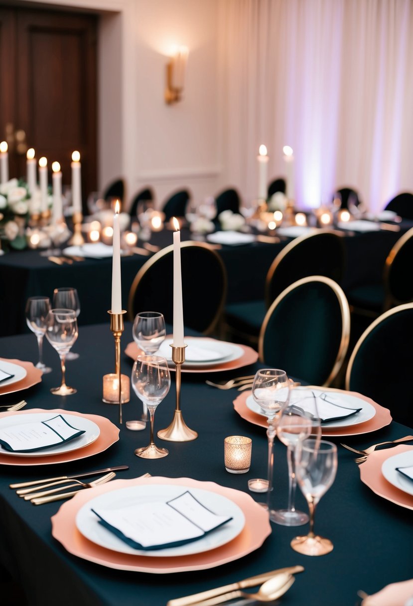 A sleek black and gold wedding table set with rose gold accents, featuring elegant place settings and romantic candlelight