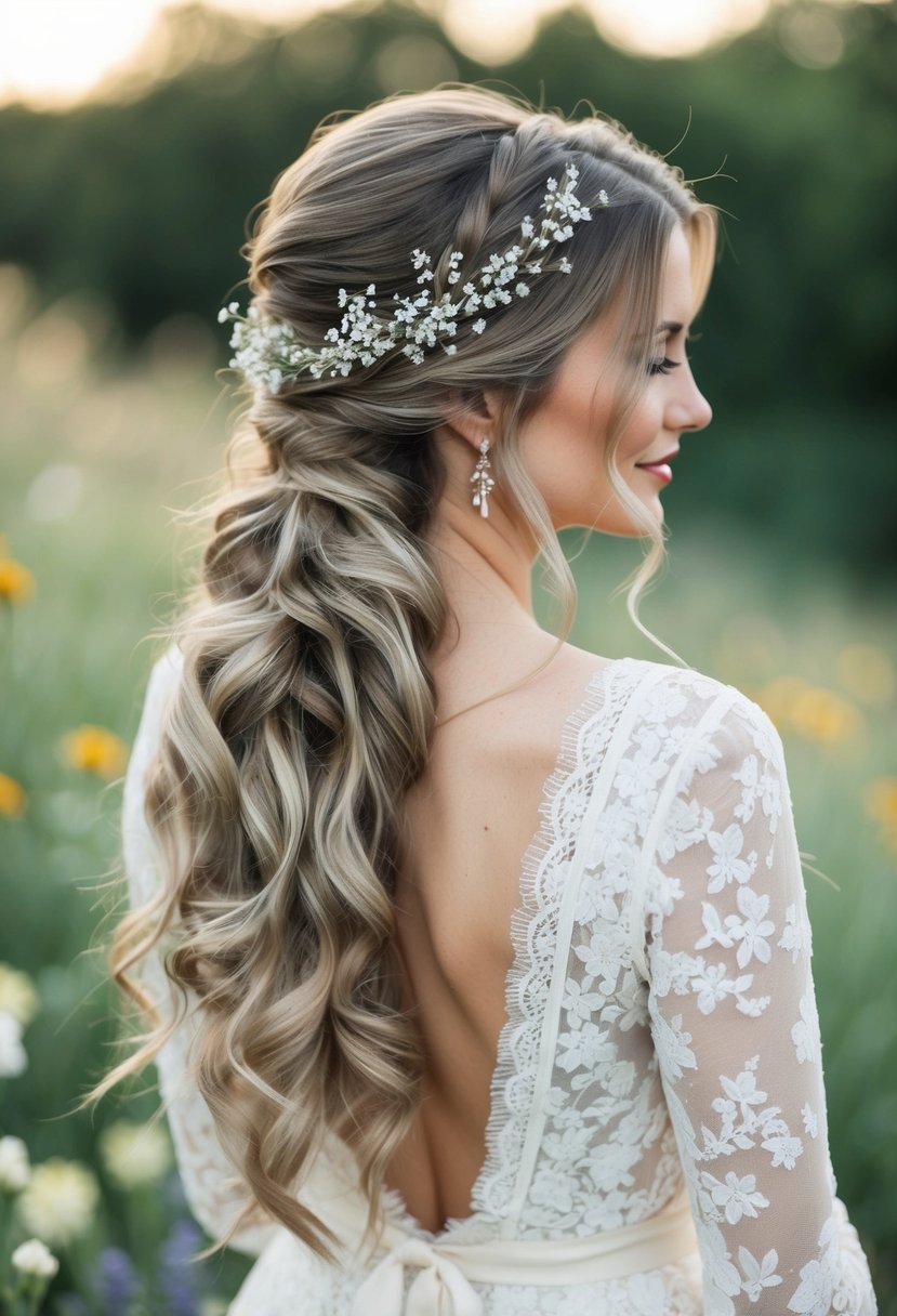 A woman's long hair styled in a loose, romantic updo with delicate flowers woven through the strands