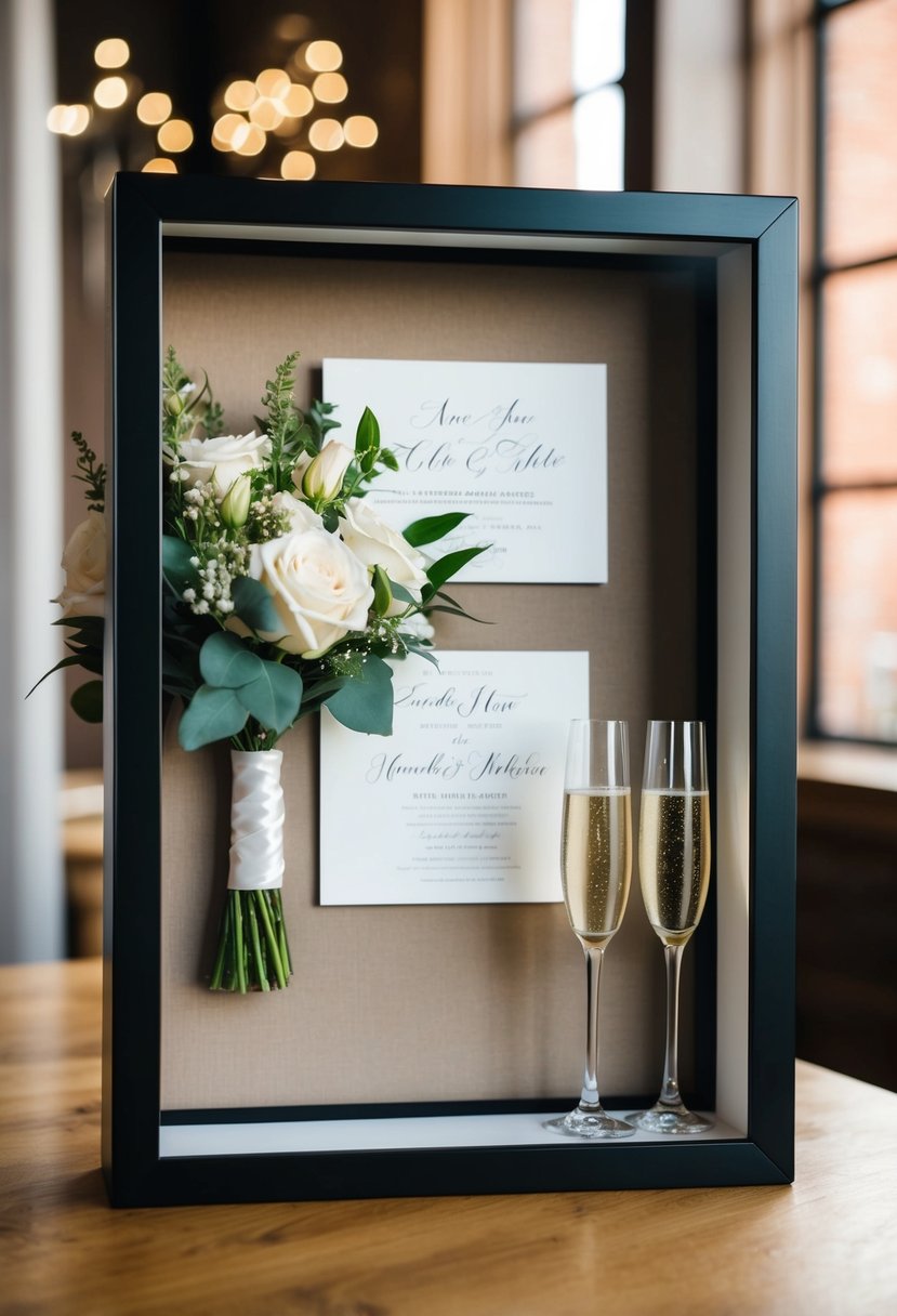 A shadow box frame displaying a bridal bouquet, wedding invitation, and a pair of champagne flutes