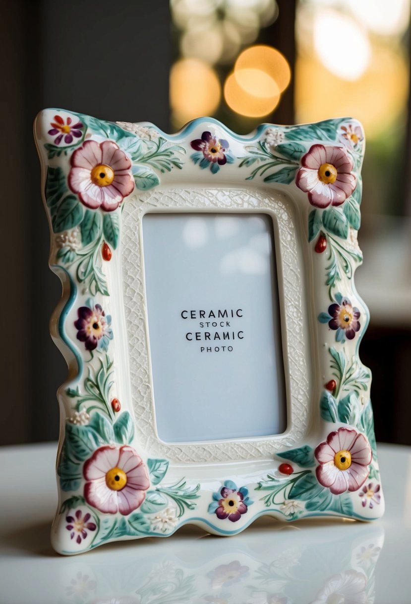 A decorative ceramic photo frame adorned with intricate floral patterns and delicate lace details