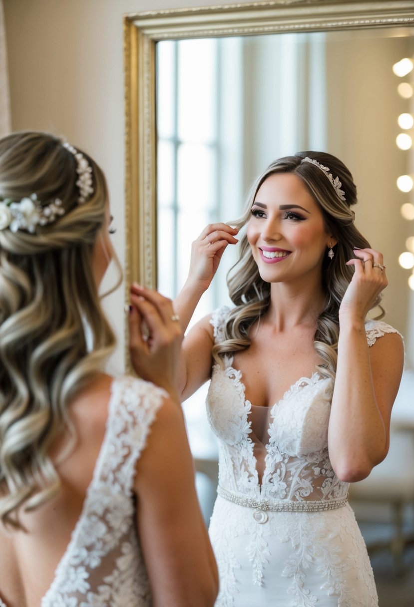 A woman with loose waves stands in front of a mirror, adjusting her hair for her wedding. She smiles as she admires her elegant hairstyle