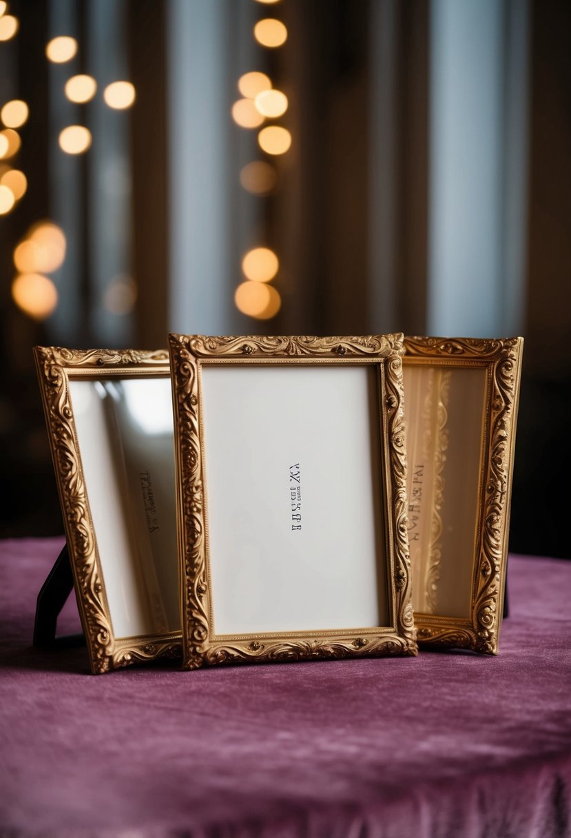 Three ornate gold frames arranged on a velvet tablecloth, with soft lighting highlighting their intricate details