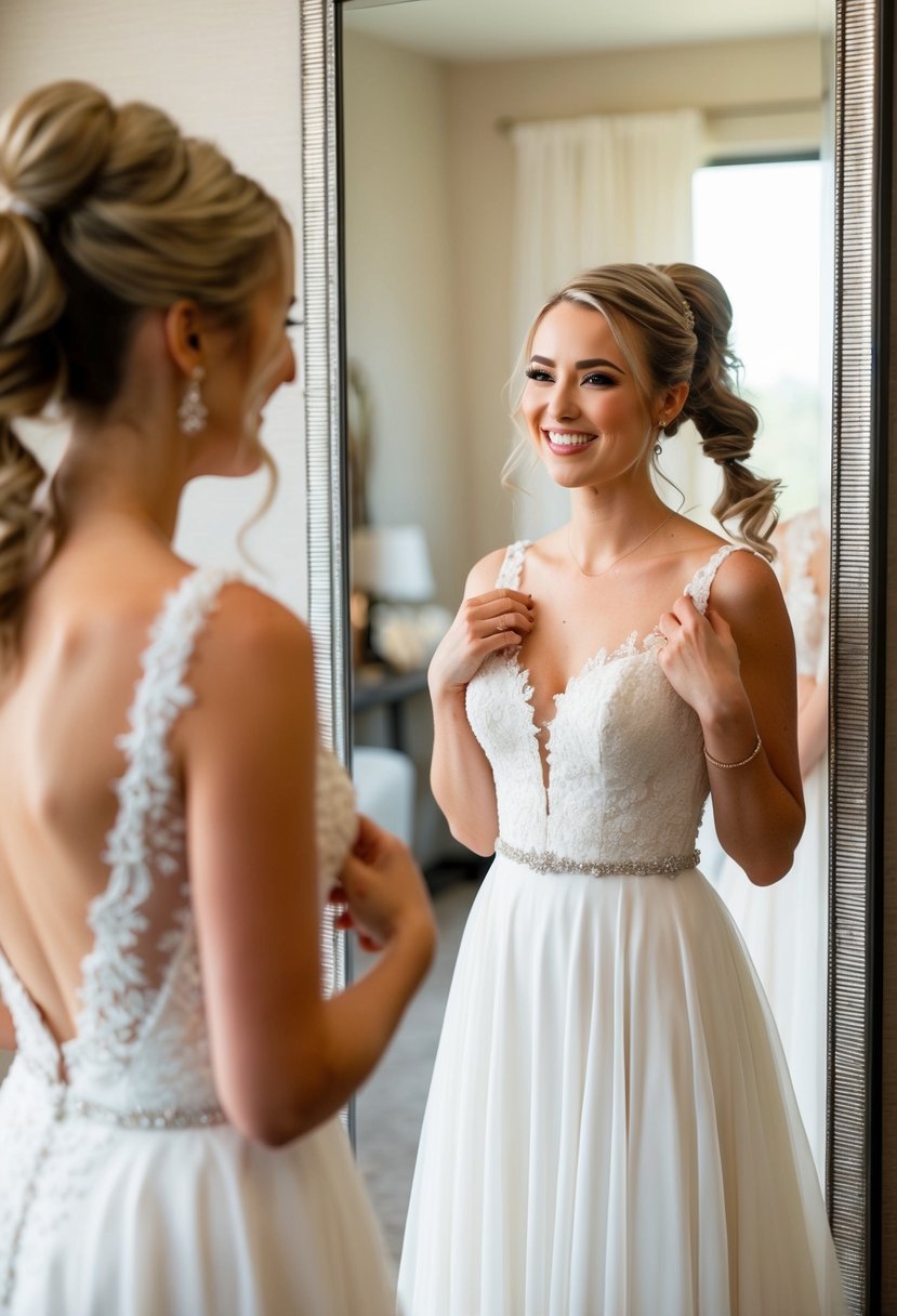 A young woman with a playful ponytail stands in front of a mirror, admiring her wedding hairstyle. She wears a flowing white gown and a joyful smile