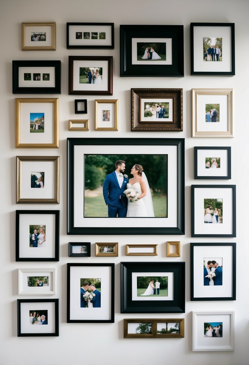 A collection of assorted gallery frames arranged asymmetrically on a white wall, with various sizes and styles surrounding a central wedding photo