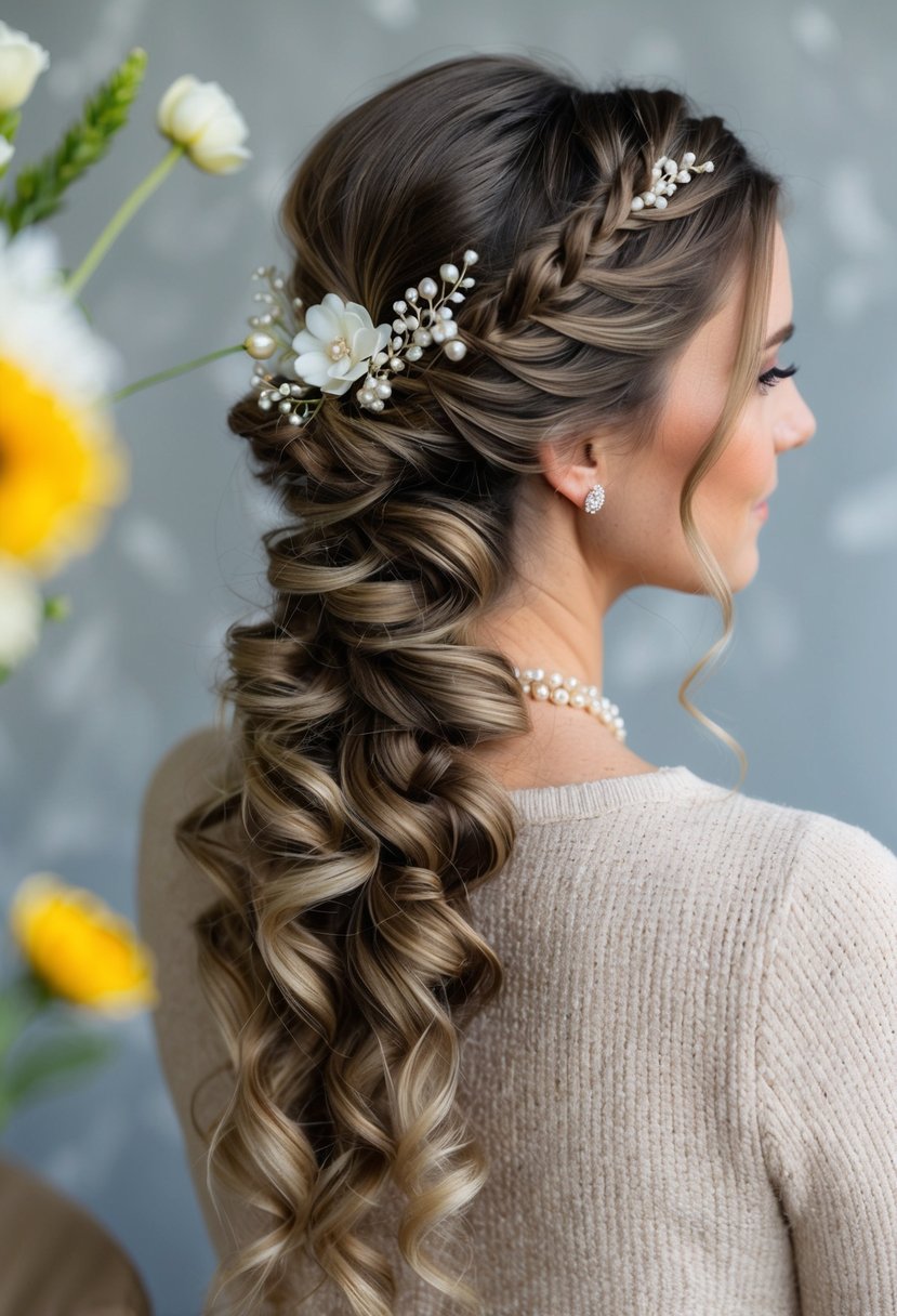 A textured half-up hairstyle with loose curls and braids, adorned with delicate flowers and pearls