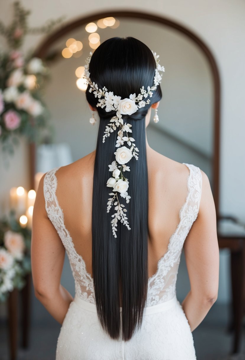 A sleek, pin-straight mane cascading down the back, adorned with delicate floral accessories for a wedding hairstyle