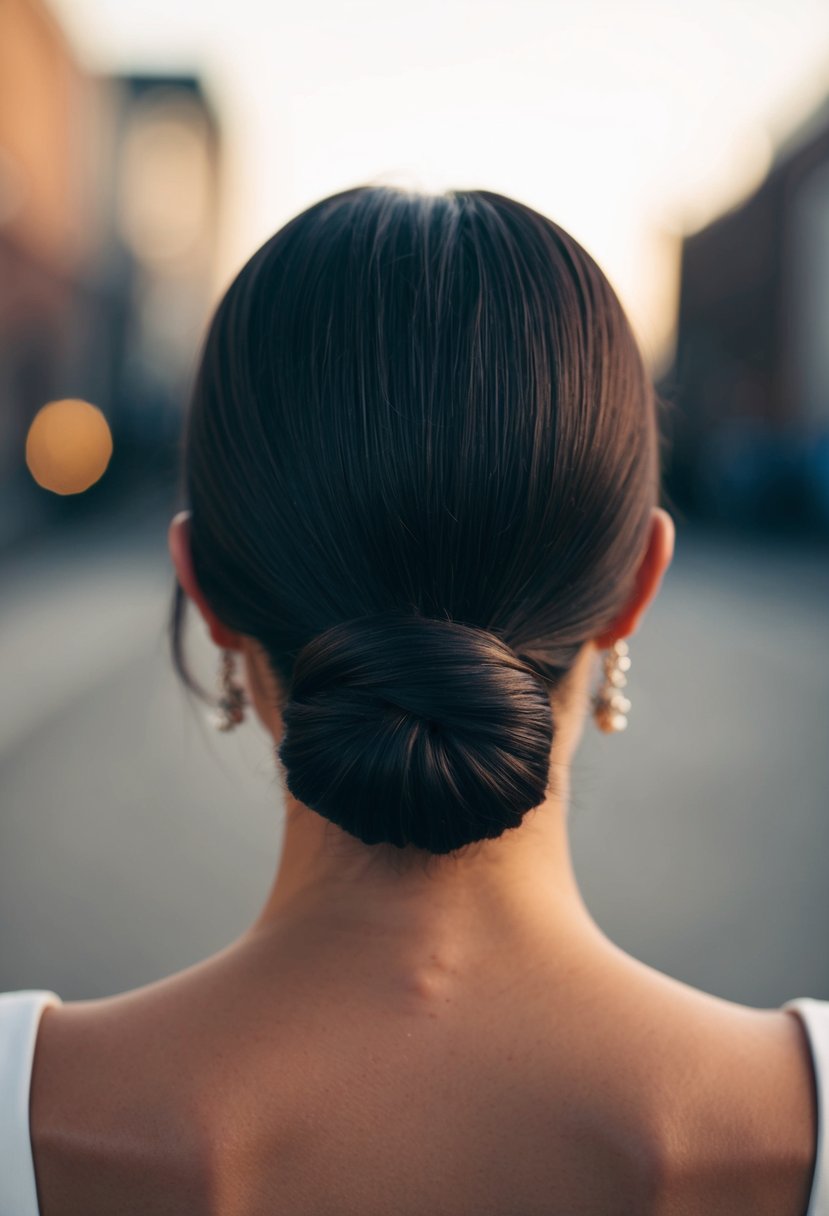 A woman's hair pulled back into a sleek, elegant knot, with a few loose strands framing her face