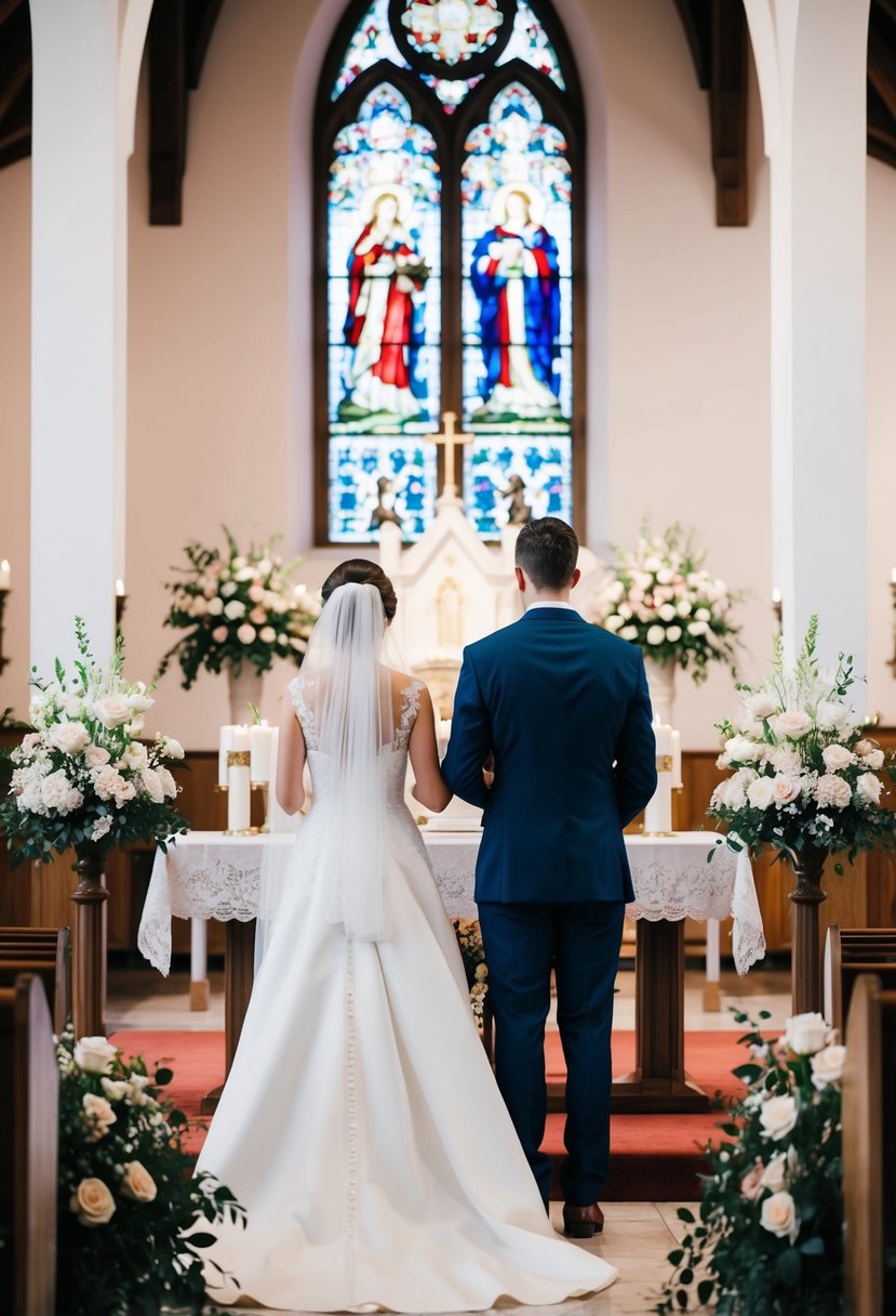 A bride and groom standing at the altar in a beautifully decorated church, surrounded by flowers and candles, with a stained glass window in the background