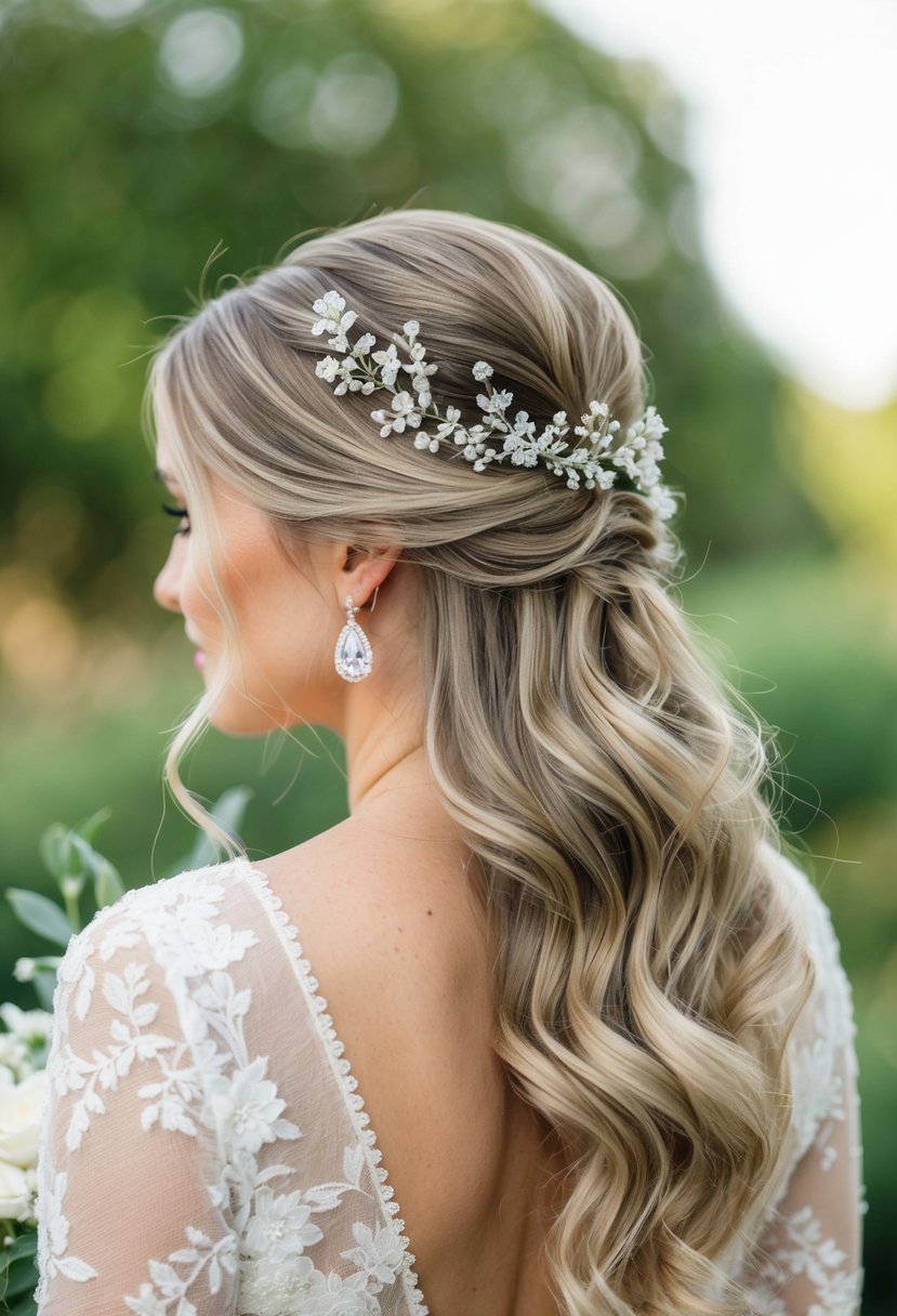 A woman's hair is elegantly styled with loose, tucked strands for a wedding, adorned with delicate flowers and sparkling hairpins