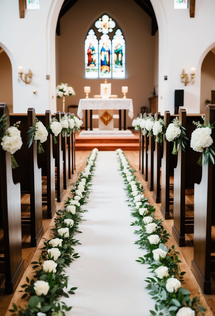 A church aisle adorned with a white floral runner, leading to the altar with pew seating on either side