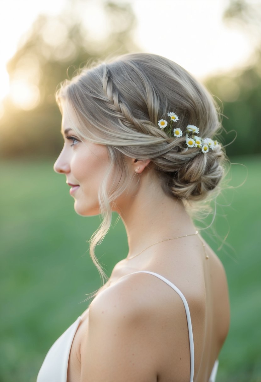 A woman's profile, hair twisted into a loose side bun with small flowers woven in. Outdoor setting with soft sunlight