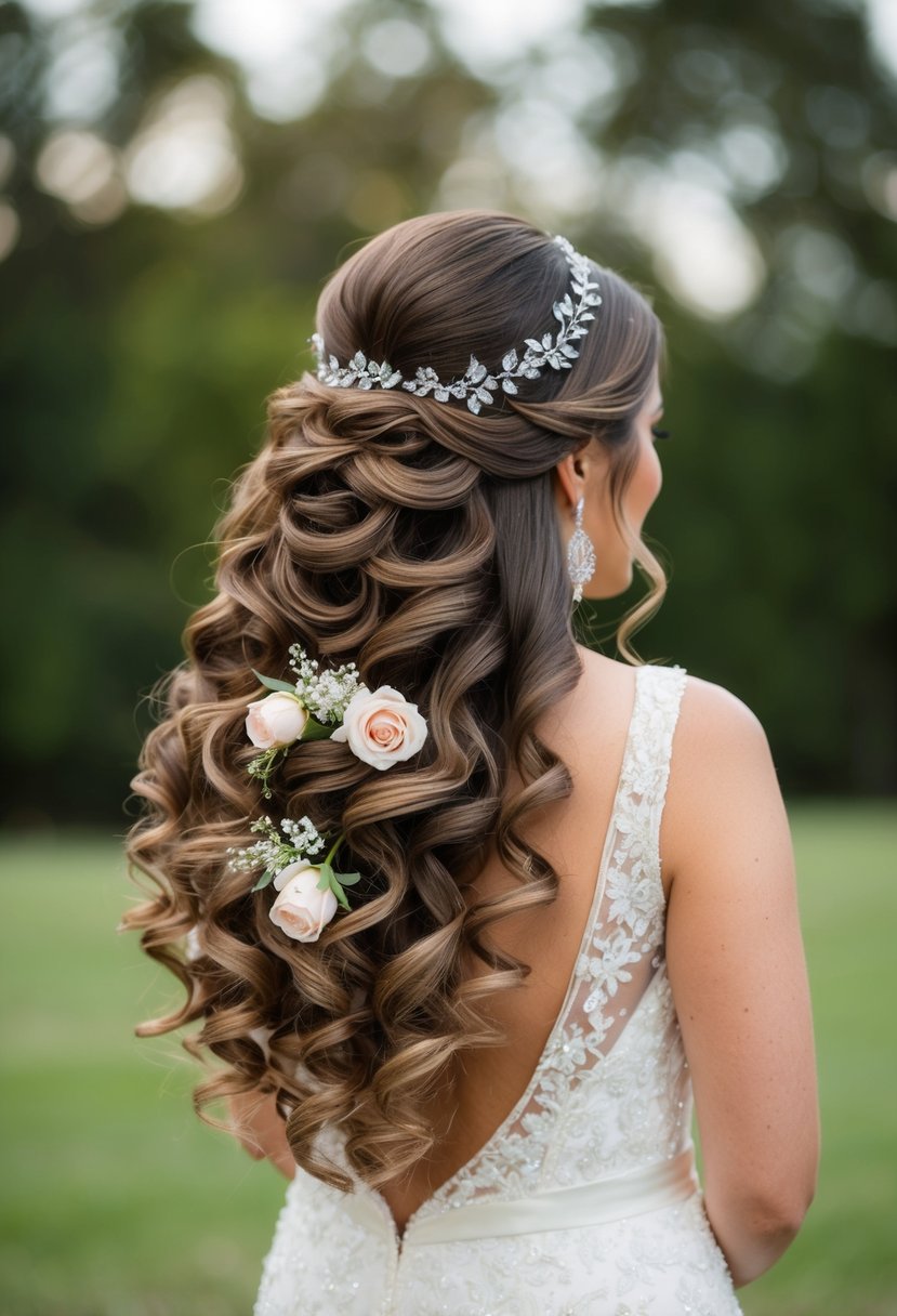 Voluminous curls cascade down a bride's back, adorned with delicate flowers and sparkling hair accessories