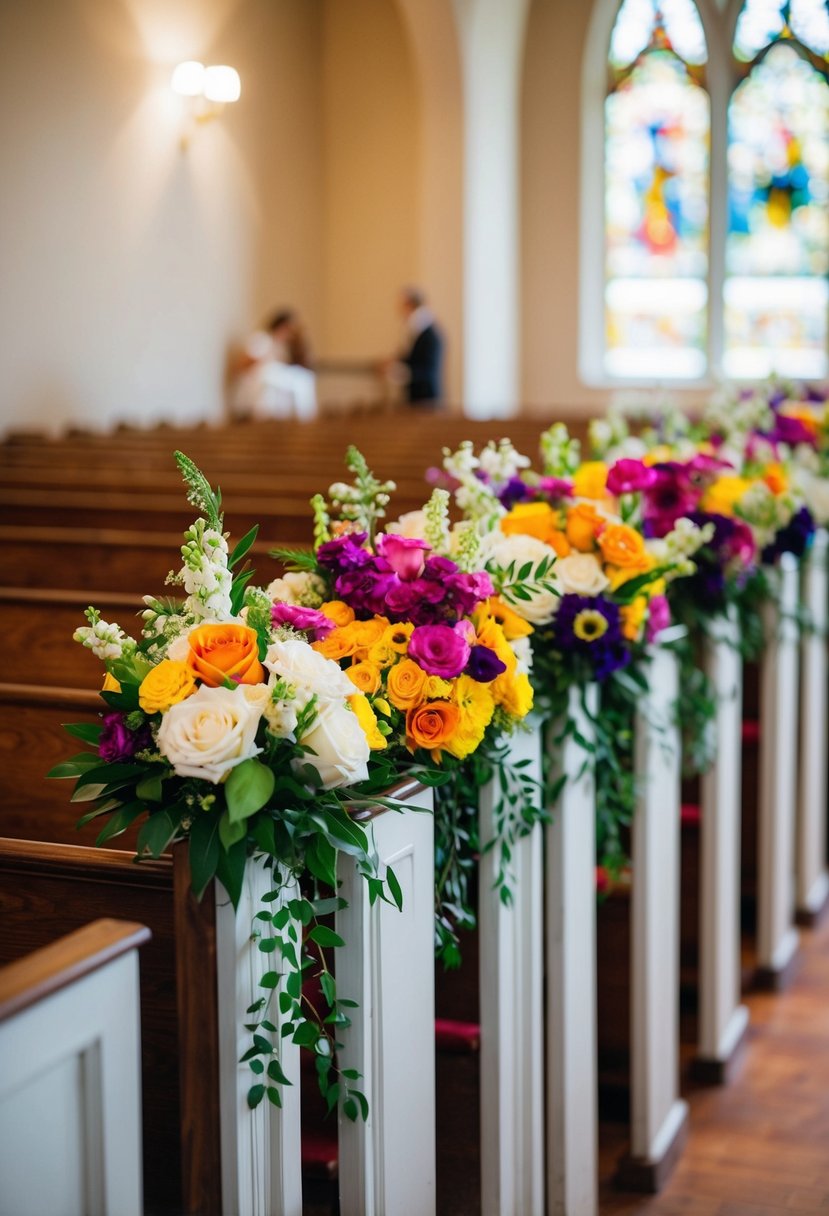 Colorful bouquets arranged on the ends of church pews, adding a touch of elegance to a wedding ceremony