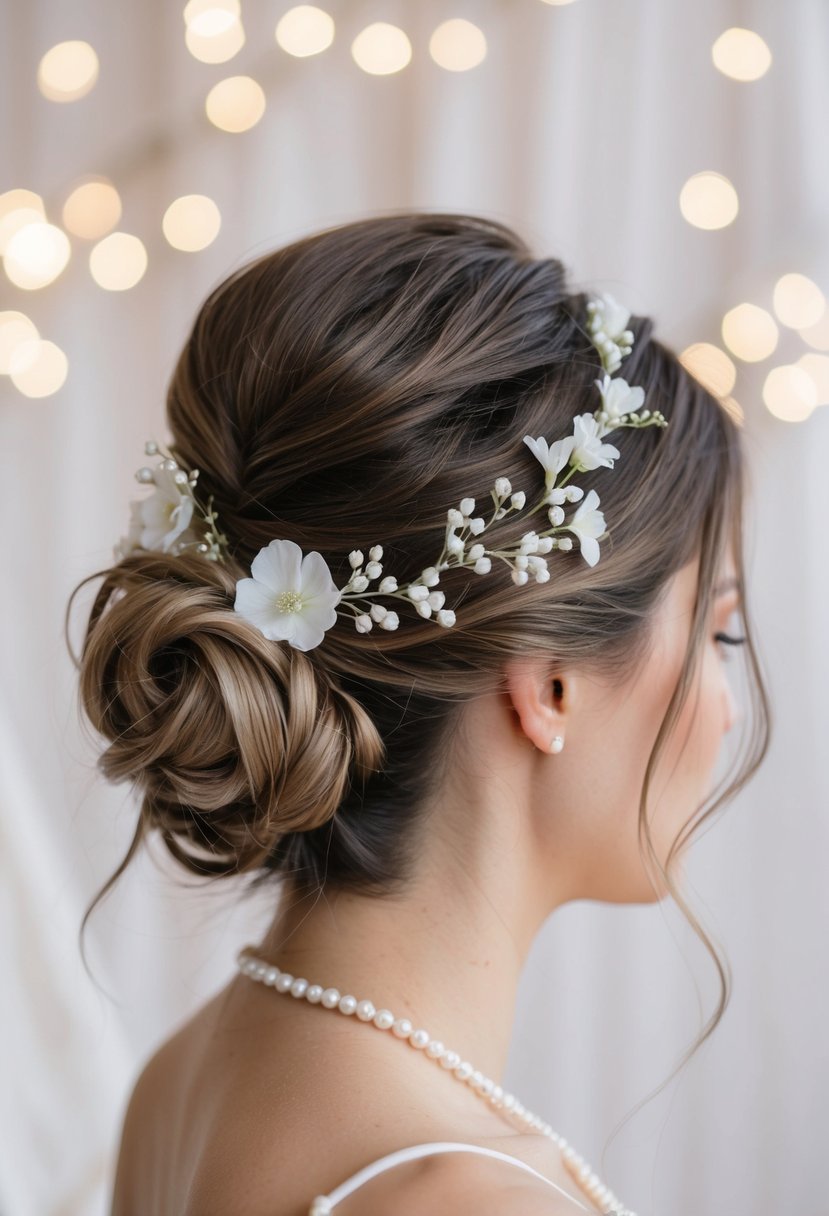 A woman's messy low bun with loose strands, adorned with delicate flowers and pearls, set against a soft, romantic background