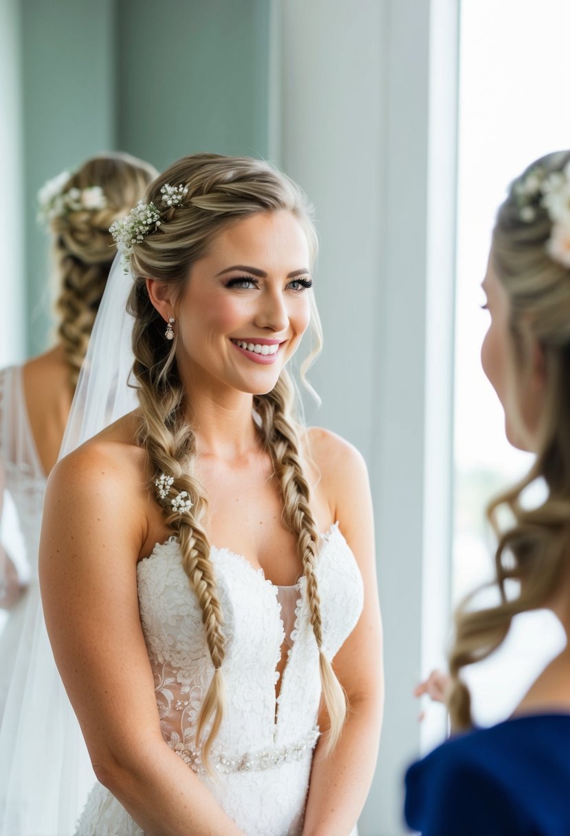 A bride with half-up half-down hairstyle, adorned with delicate flowers and braids, standing in front of a mirror, smiling with satisfaction