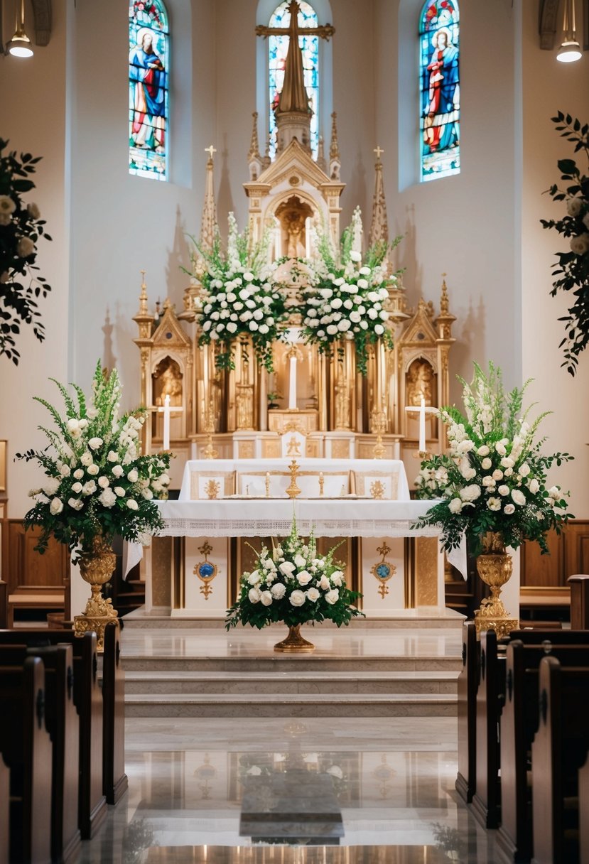 A grand altar adorned with lush floral arrangements in a traditional church setting