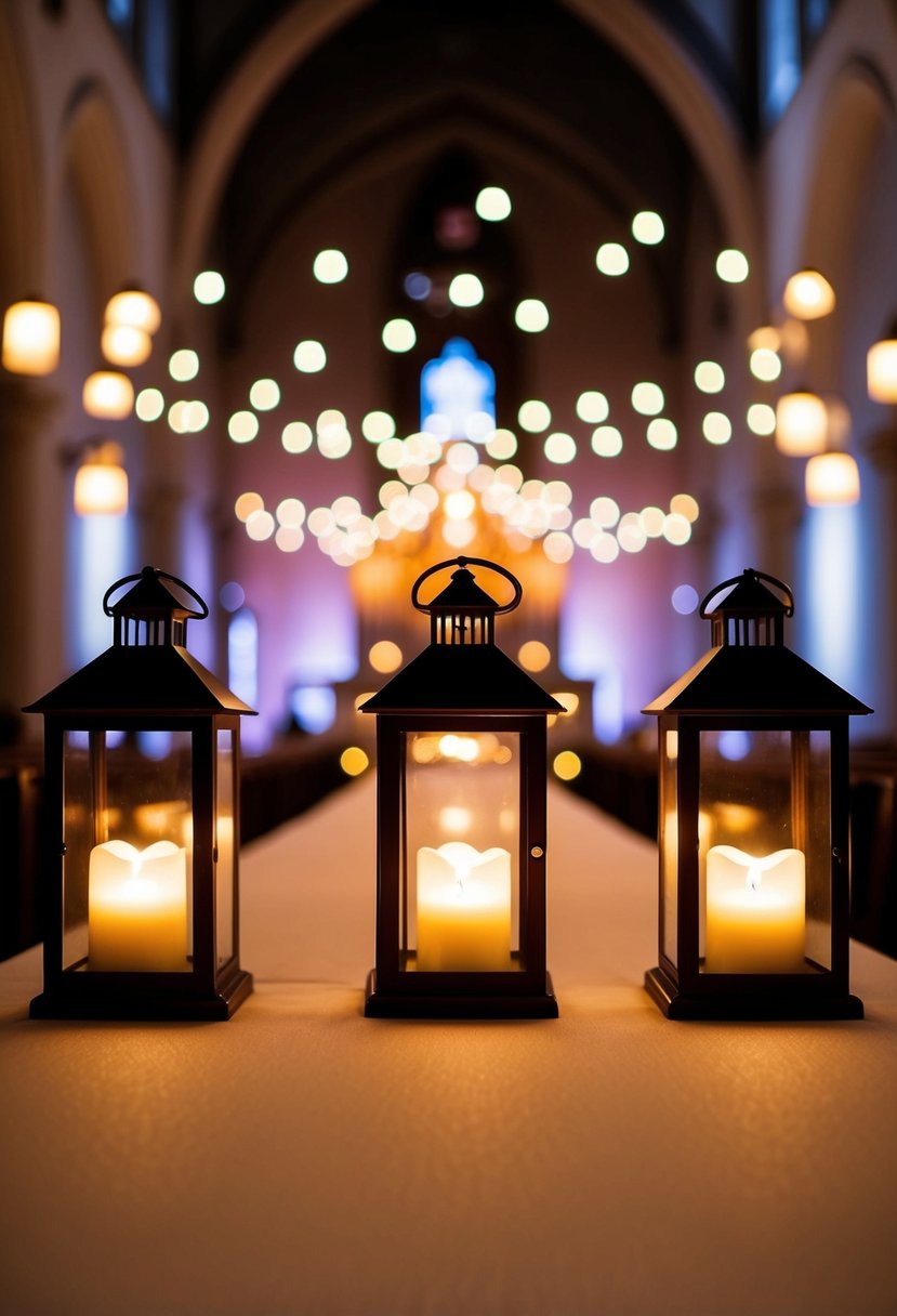 Lanterns with LED candles illuminate a romantic church wedding