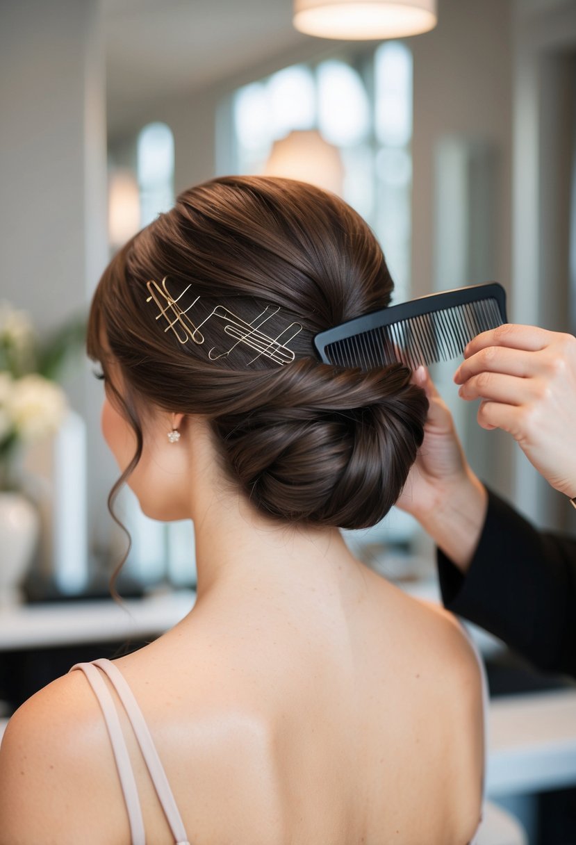 A woman's elegant chignon hairstyle being styled with hair pins and a comb