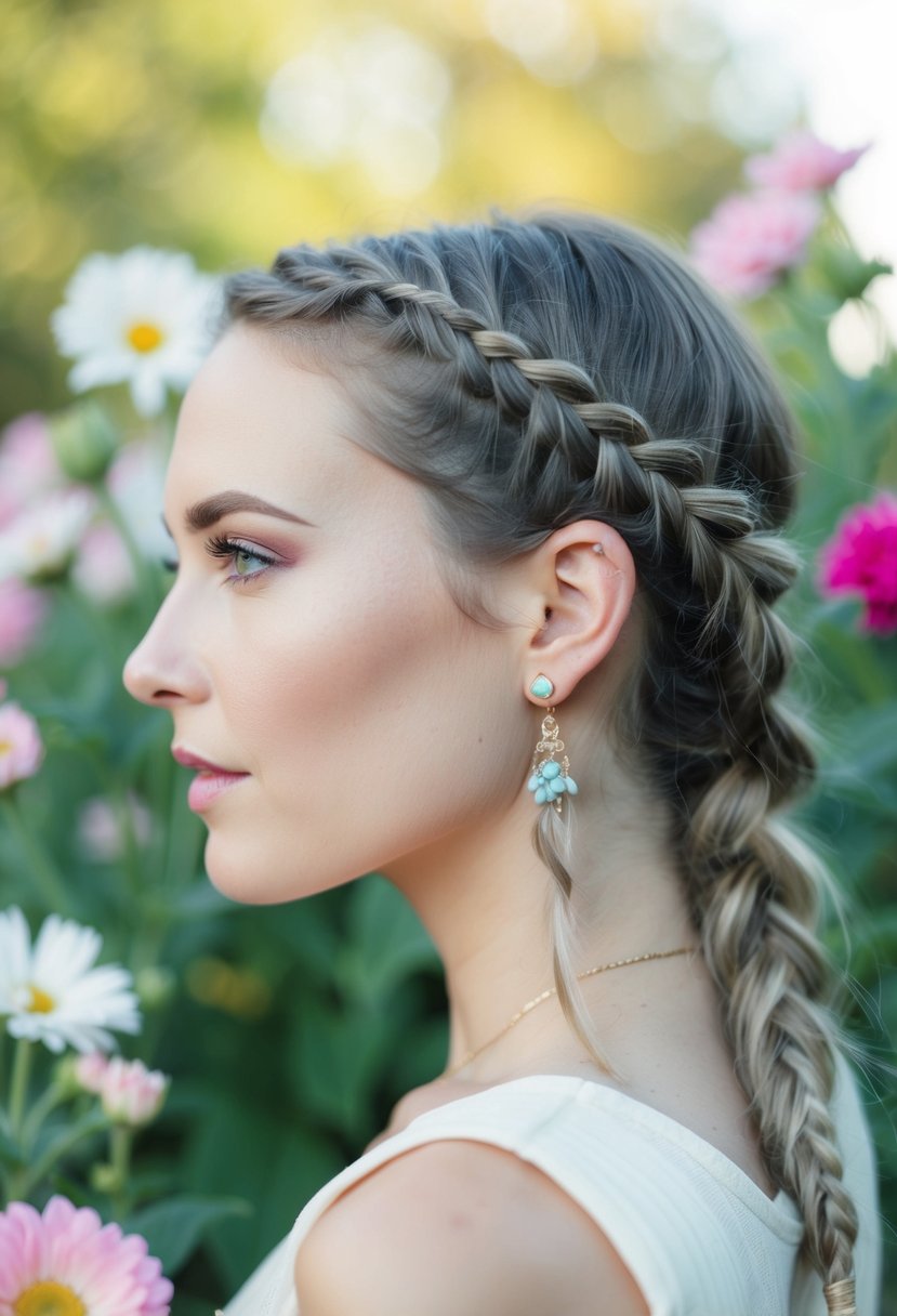 A woman's profile with a boho side braid, surrounded by flowers and soft lighting