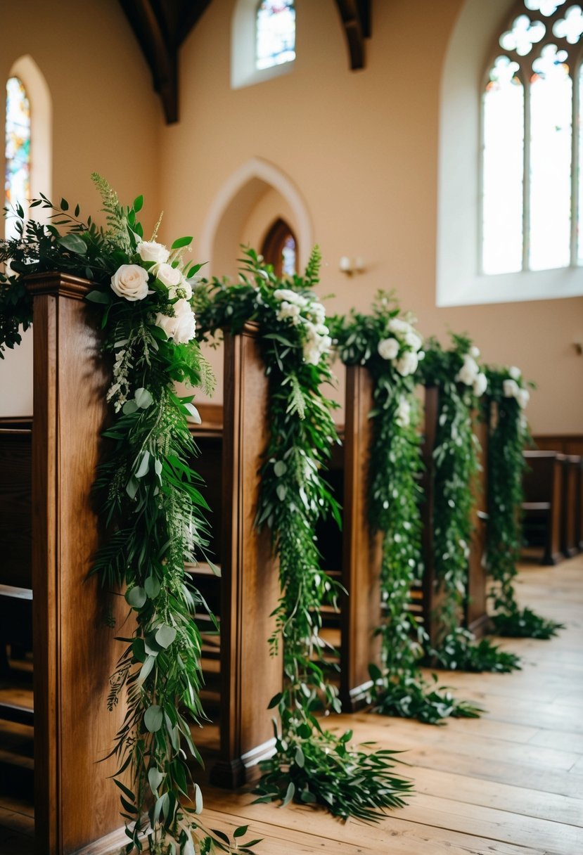 A lush greenery garland drapes over the wooden pews in a sunlit church, creating a natural and elegant atmosphere for a wedding