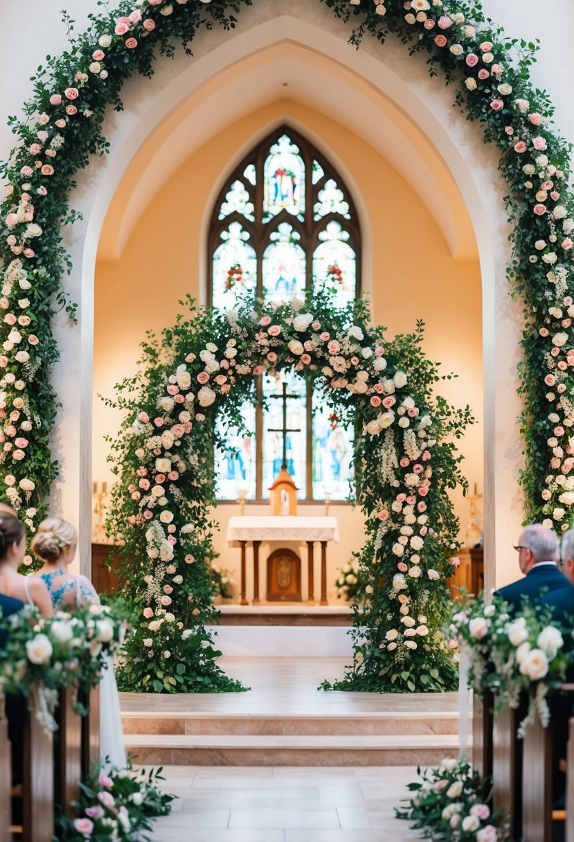 A grand floral arch frames the entrance of a charming church, adorned with lush greenery and vibrant blooms, setting the scene for a romantic wedding