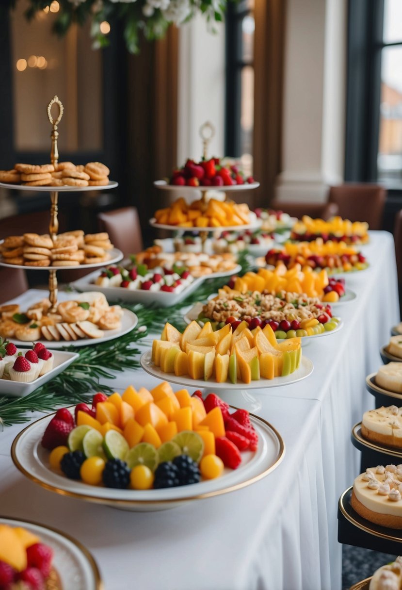 A beautifully decorated table with an assortment of finger foods, fruits, and desserts arranged on elegant platters and stands