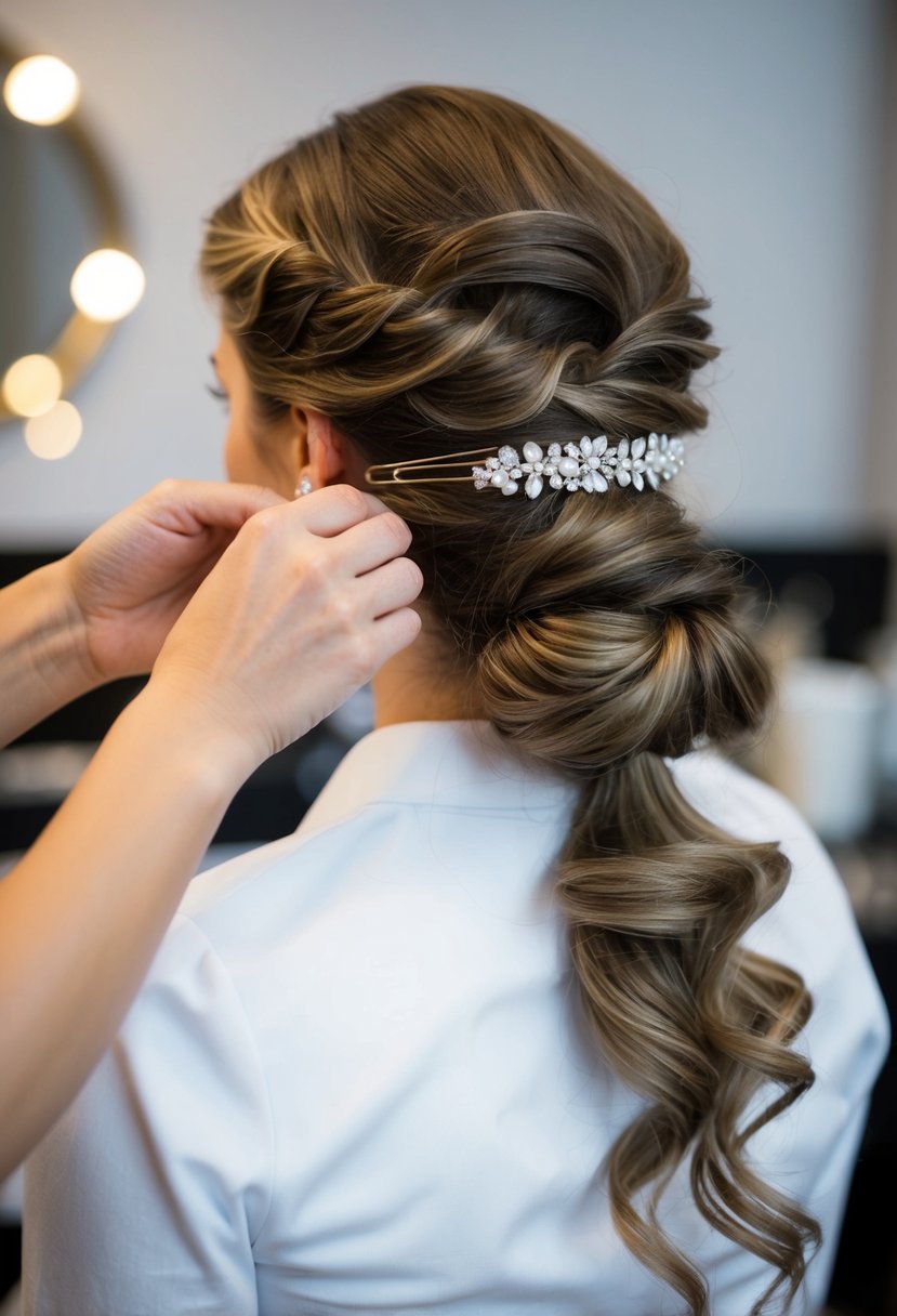 A woman's hair being twisted into a French twist hairstyle, with hairpins and a decorative hair accessory