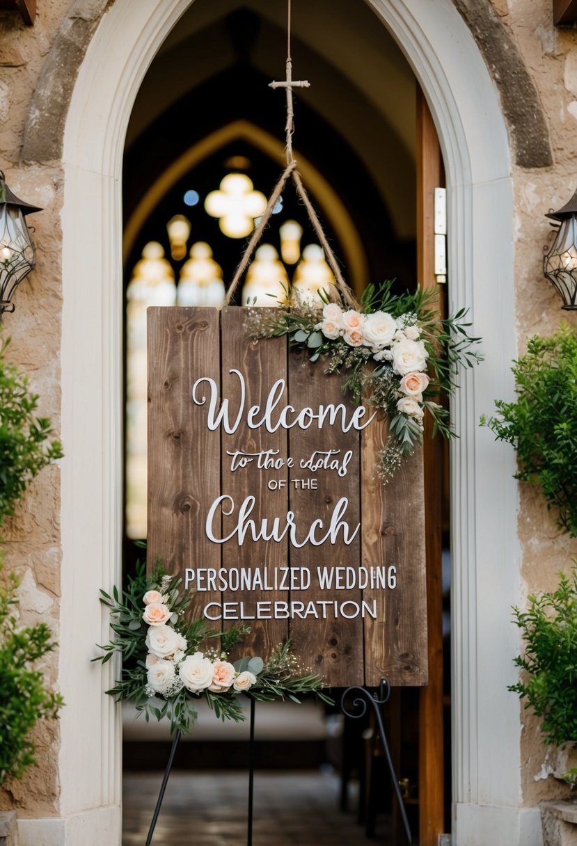 A rustic wooden sign with intricate floral details hangs from the entrance of a quaint church, welcoming guests to a personalized wedding celebration