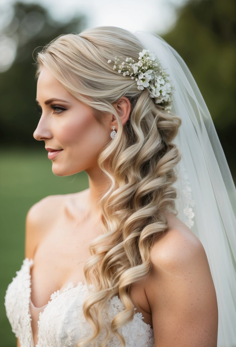 Soft waves cascading down a bride's shoulders, adorned with delicate flowers and a subtle veil