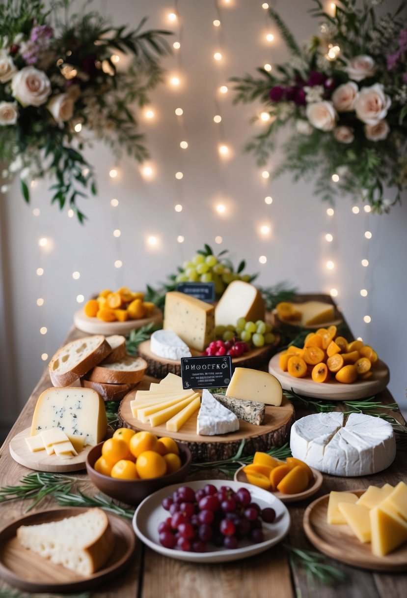 A rustic wooden table adorned with an array of artisan cheeses, prosciutto, fresh fruits, and crusty bread, set against a backdrop of delicate floral arrangements and twinkling fairy lights