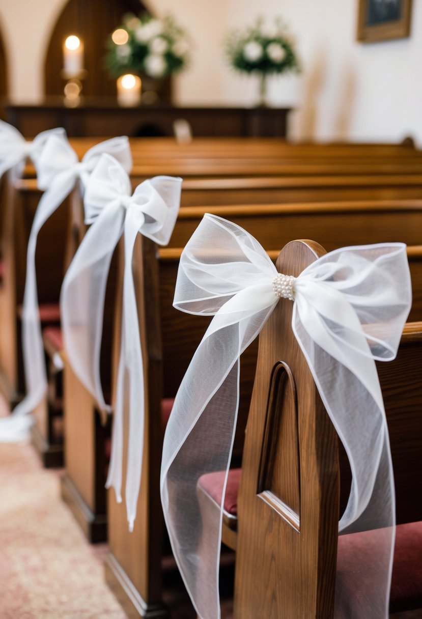 Delicate organza pew bows adorn church pews, adding an elegant touch to the wedding ceremony