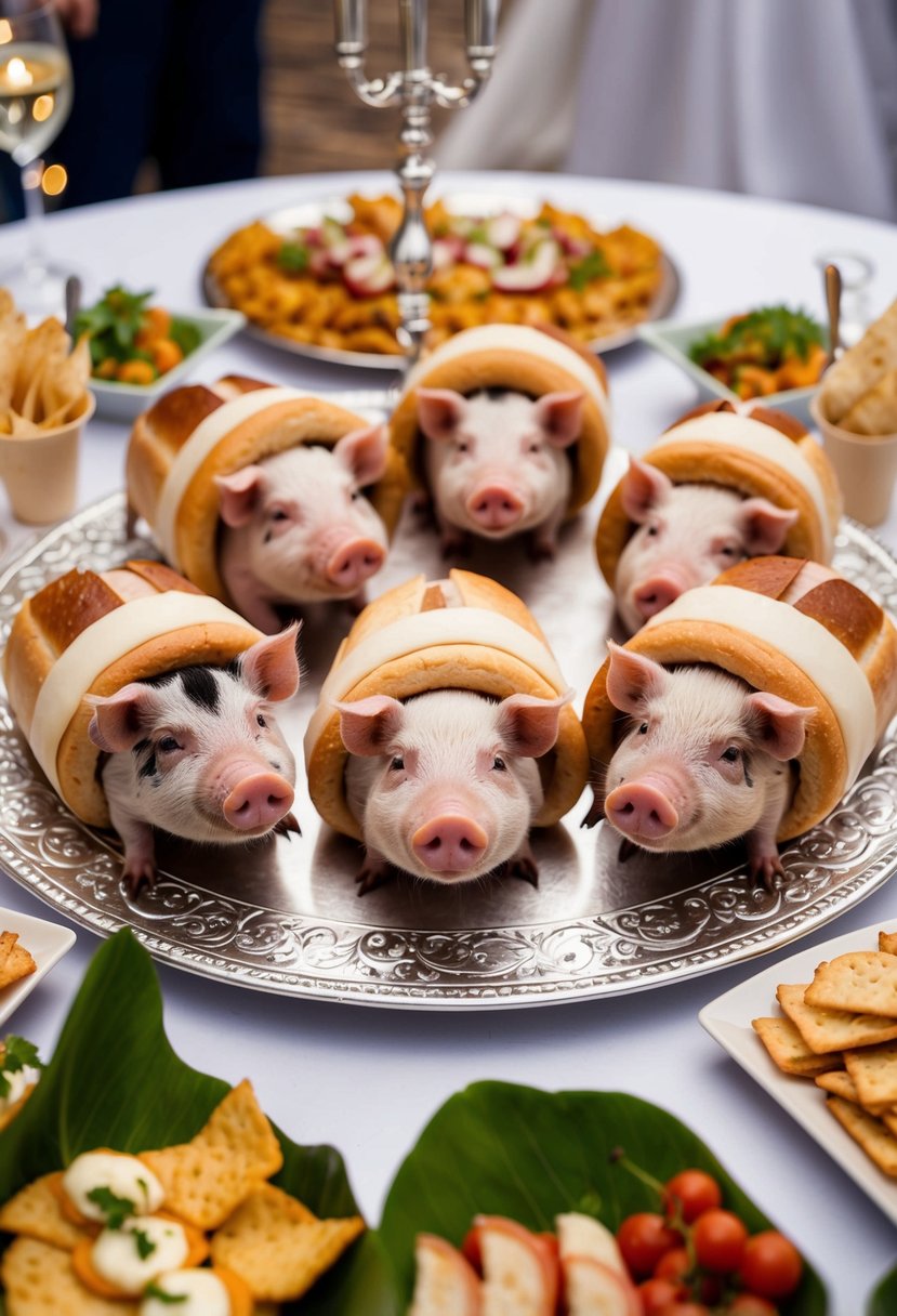 Mini pigs in a blanket arranged on a decorative wedding snack table, surrounded by other appetizers and finger foods