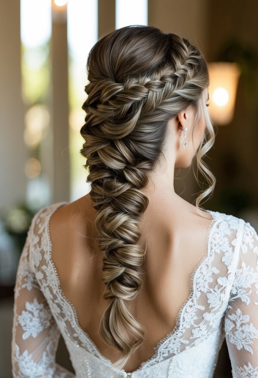 A woman's hair is intricately braided into an elegant updo, with delicate strands woven together in a beautiful wedding hairstyle