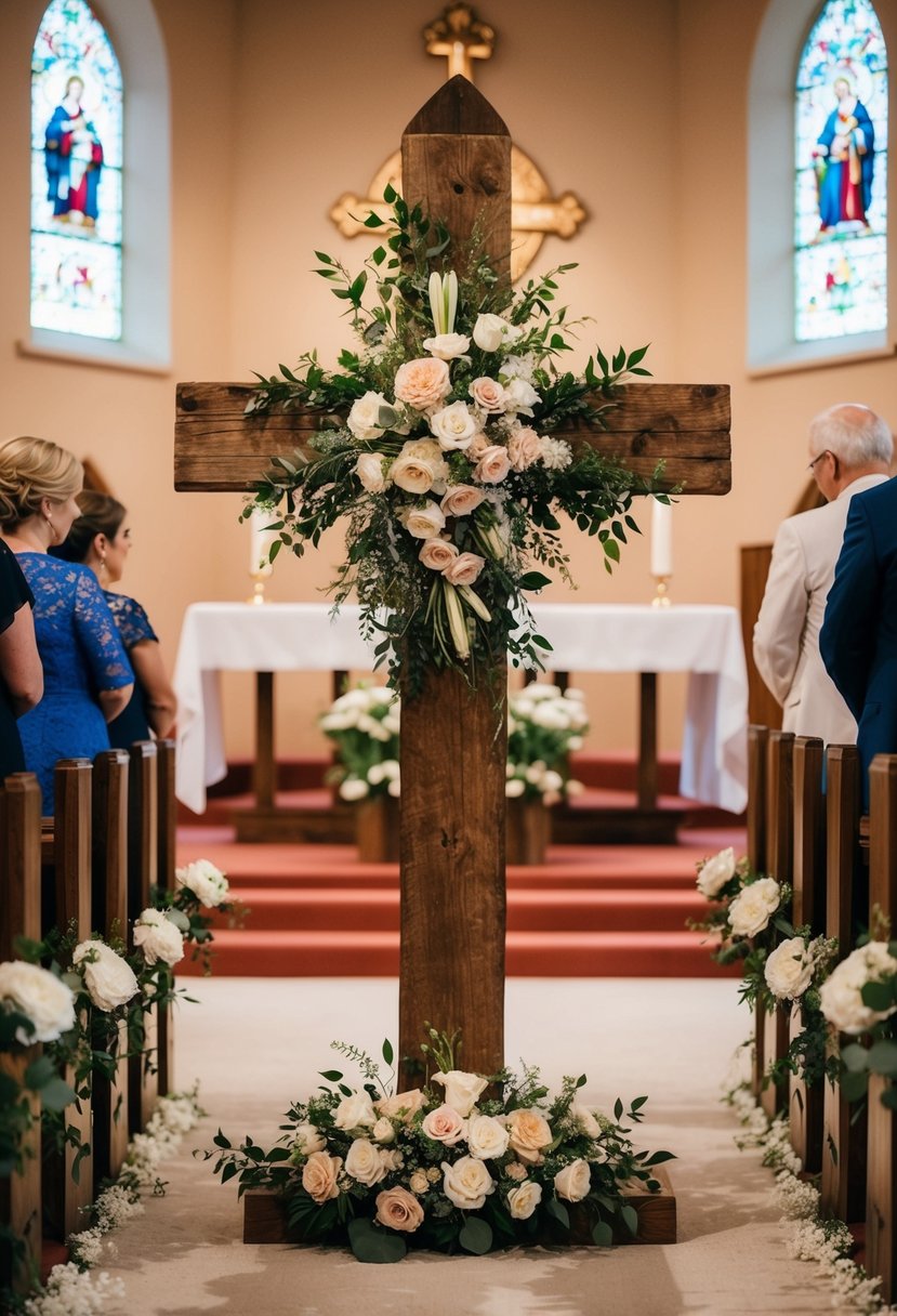 A rustic wooden cross adorned with flowers stands as a focal point in a church wedding ceremony