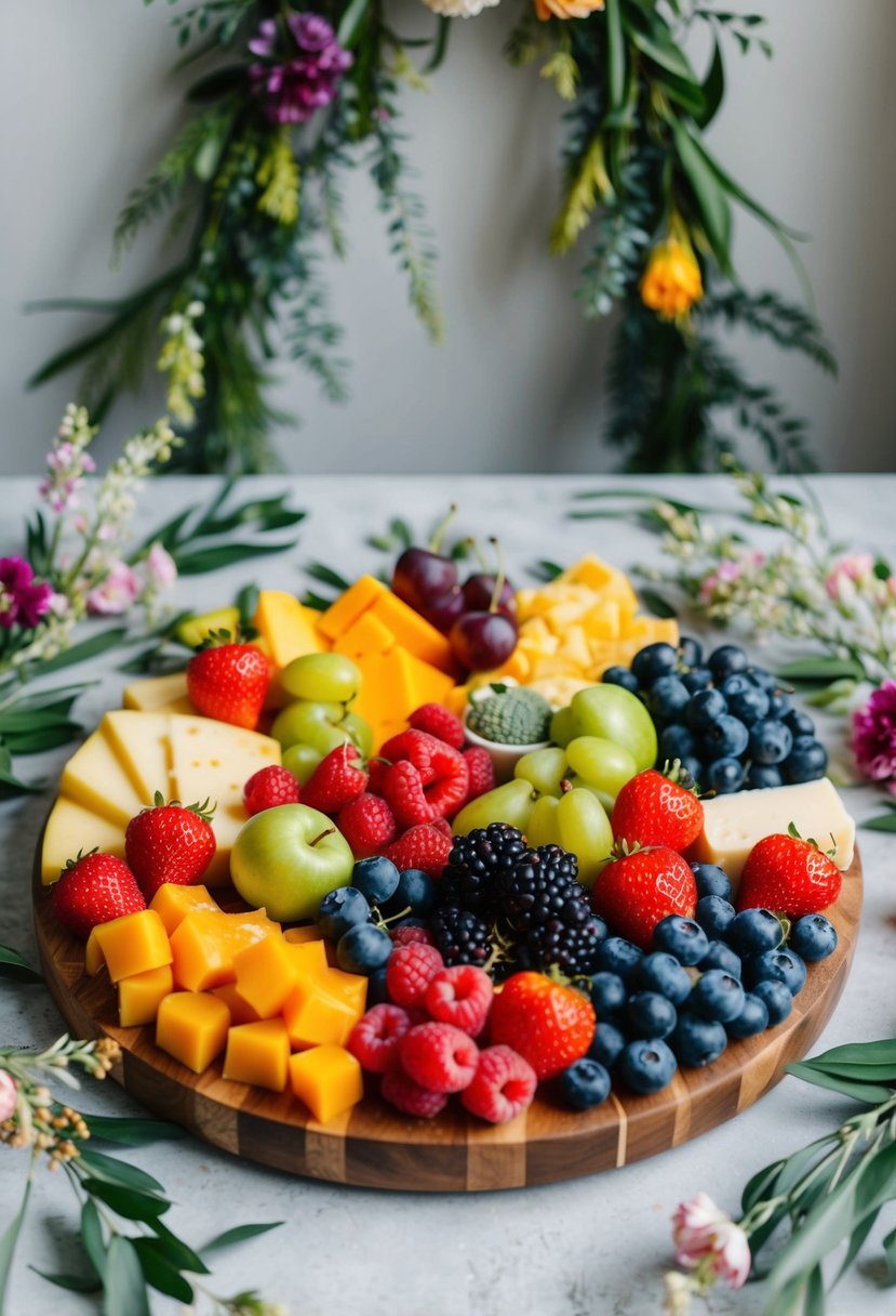 A colorful array of fresh fruits and assorted cheeses arranged on a wooden platter, surrounded by decorative greenery and delicate floral accents