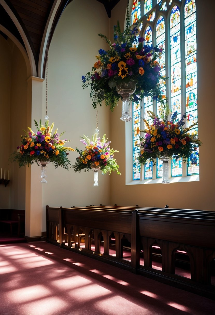 Colorful floral arrangements suspended from church ceiling. Sunlight filters through stained glass, casting vibrant patterns on the floor