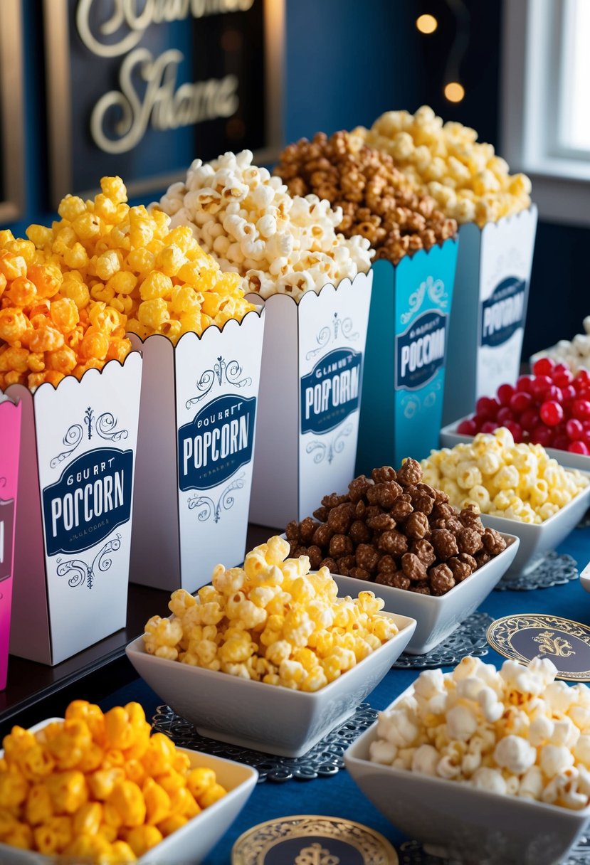 A colorful array of gourmet popcorn flavors displayed on a decorated table with elegant serving containers and decorative signage