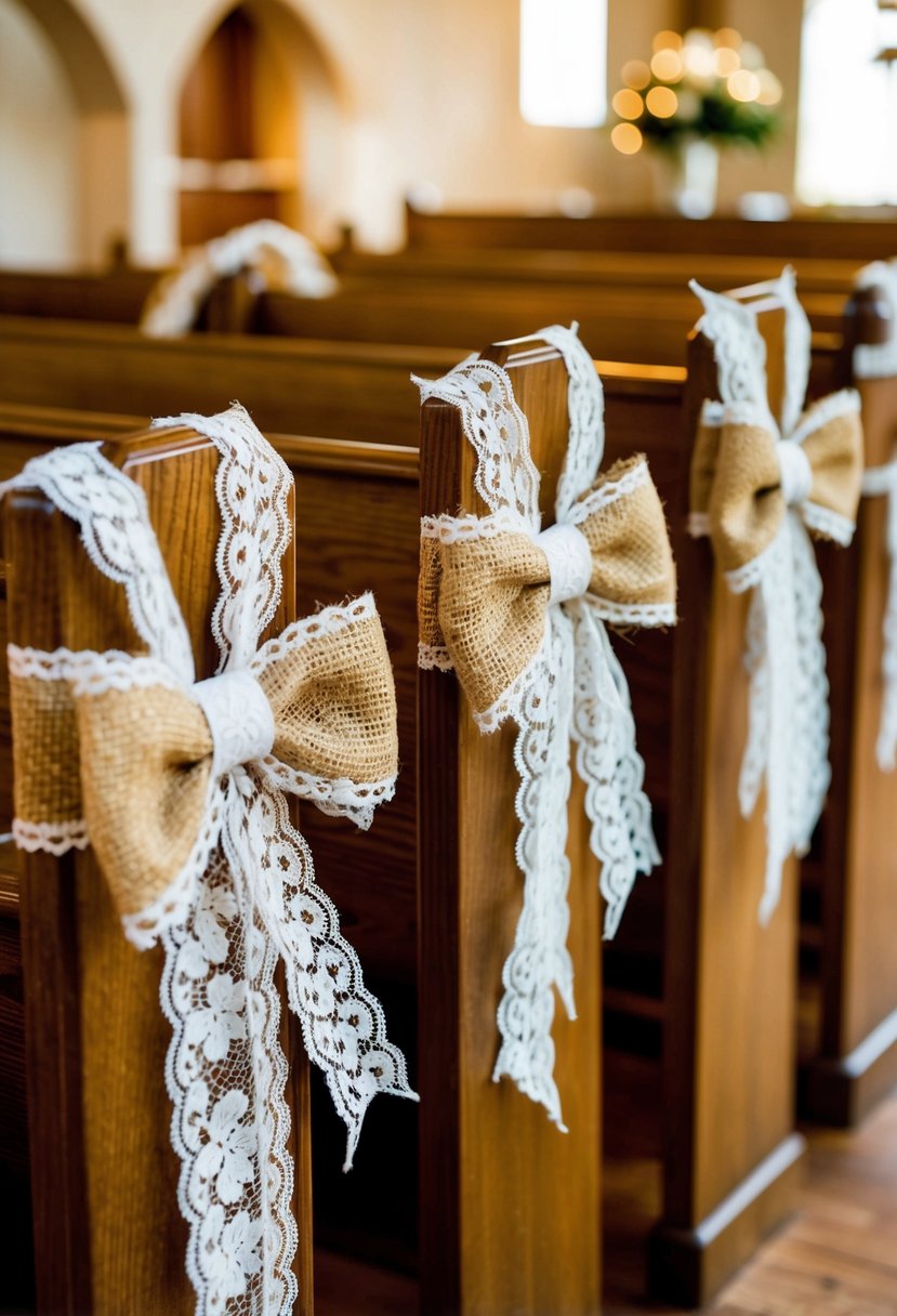 Burlap and lace bows adorn wooden church pews for a rustic wedding