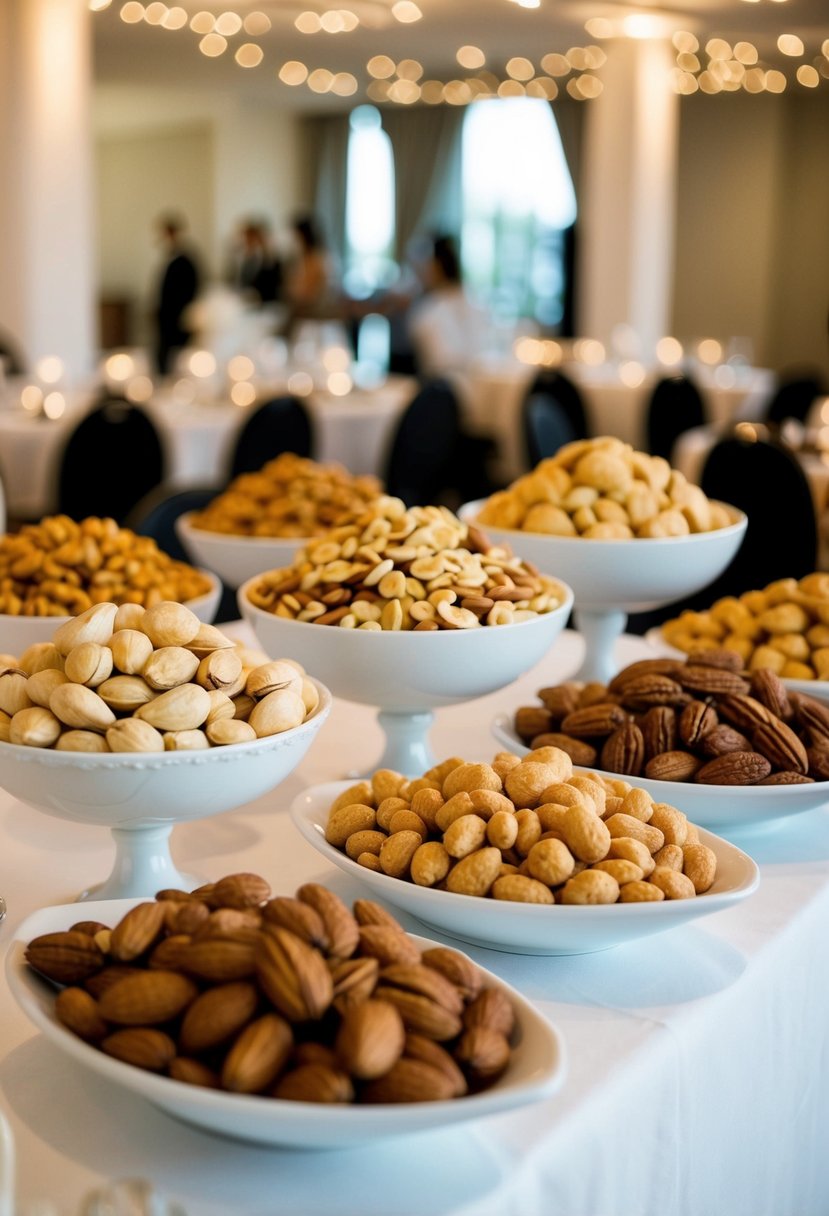 A table with various nut bowls arranged in an elegant display for a wedding snack table