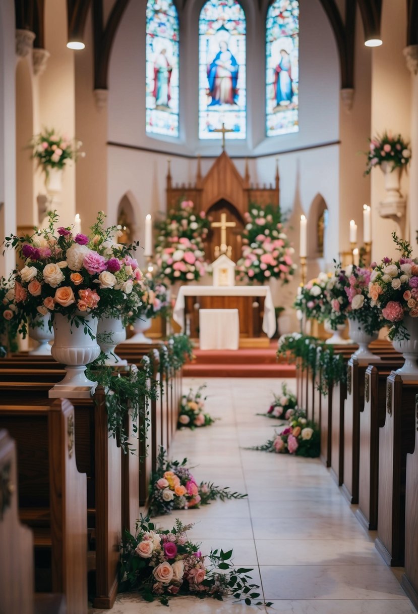 Flower-filled urns line the aisles of a church, spilling over with vibrant blooms in a romantic wedding setting