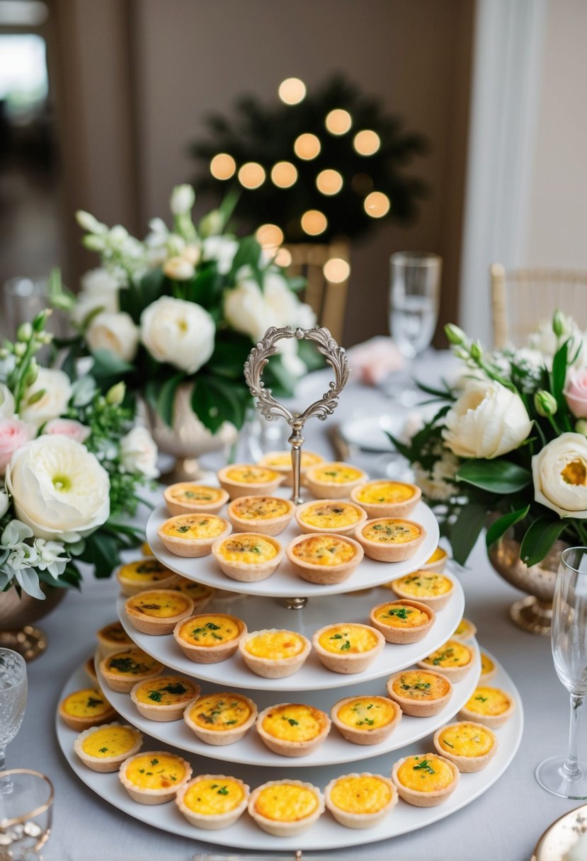 A table adorned with an assortment of mini quiches, surrounded by elegant wedding decor and floral arrangements