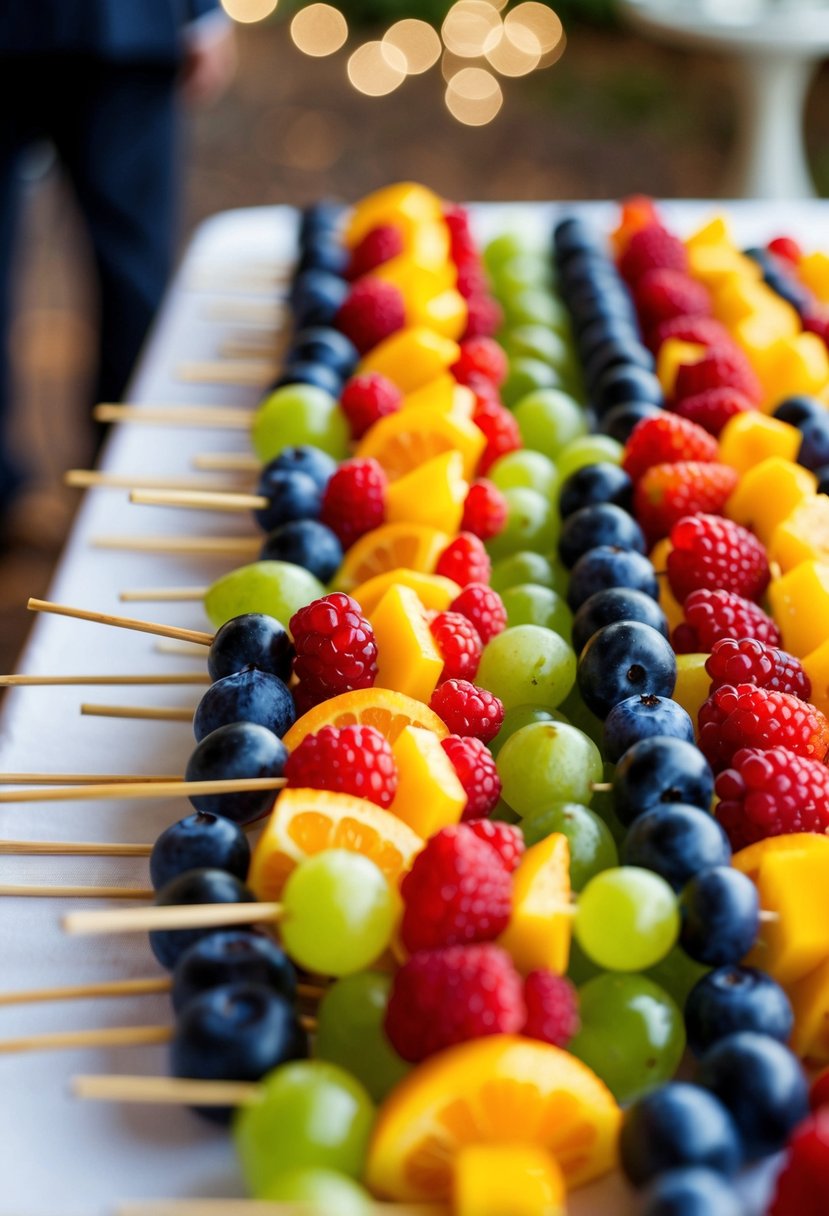 A table adorned with colorful fruit skewers, neatly arranged for a wedding snack display