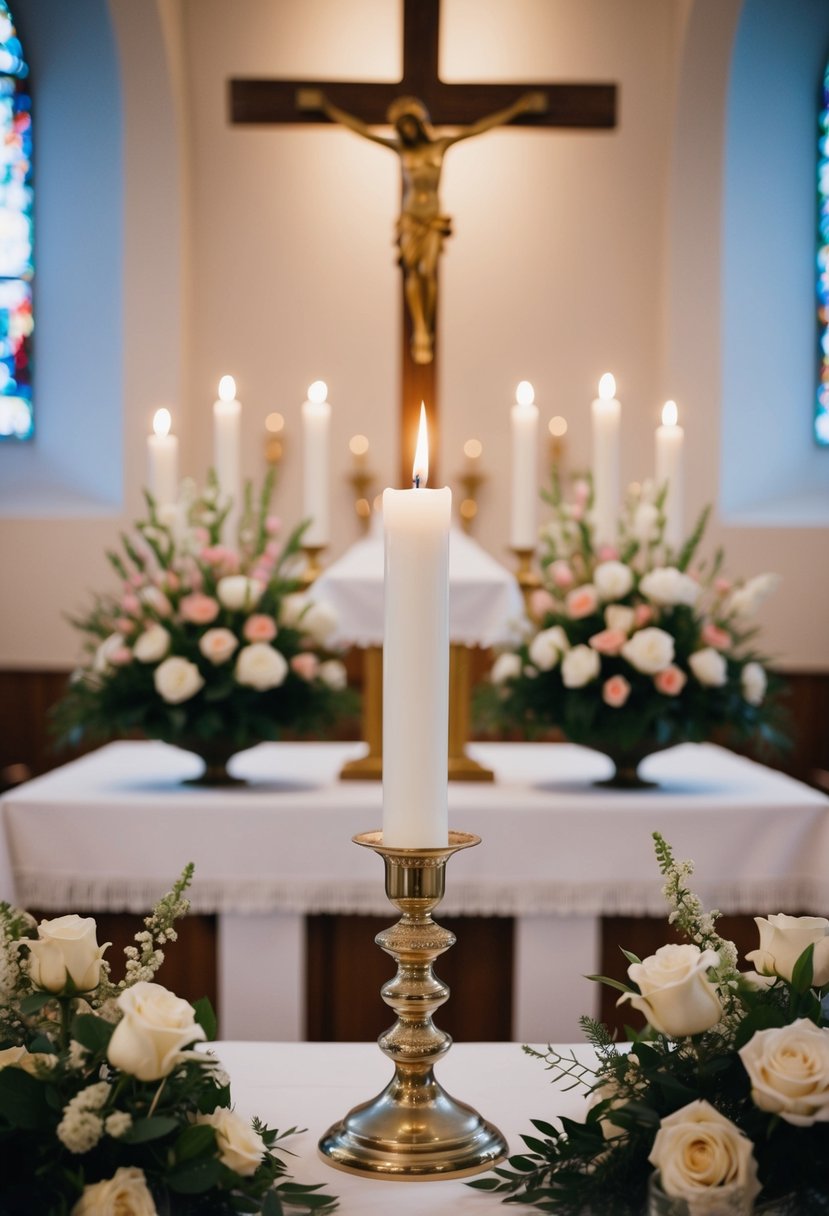 A white candle stands on a church altar, surrounded by floral arrangements and soft candlelight